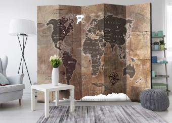 Biombo original Mapa mundial en madera (5 partes) - continentes en tonos marrones