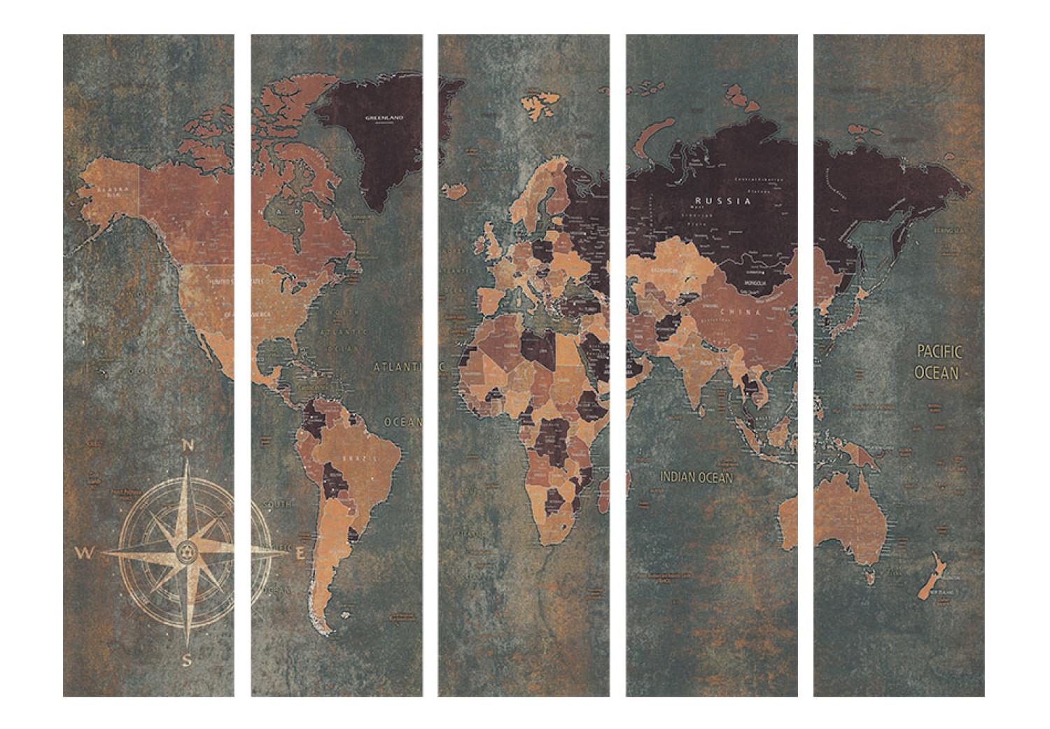 Biombo decorativo Mapa mundial retro (5 partes): continentes y océanos grises