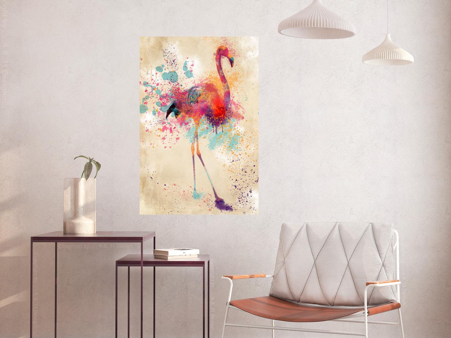 Poster Flamenco de acuarela - abstracción colorida alegórica con ave vivaz
