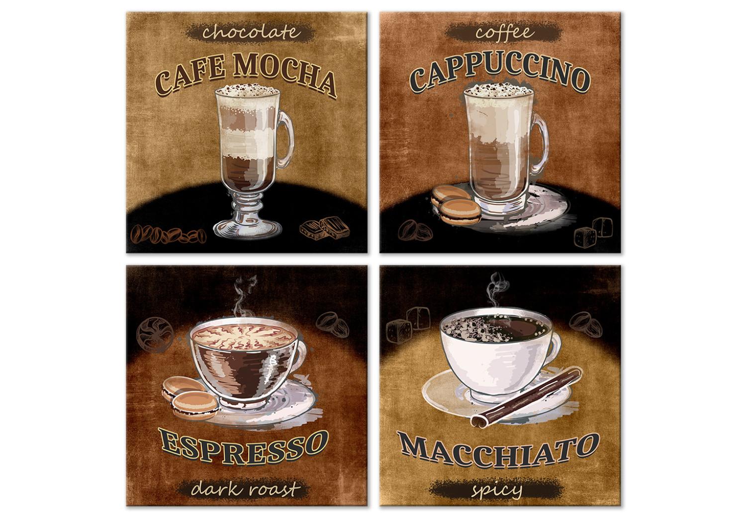 Cuadro decorativo Variaciones de café (4 piezas) - bebidas con textos en estilo retro