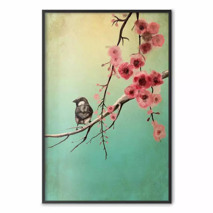 Flores de cerezo - composición colorida con pájaro