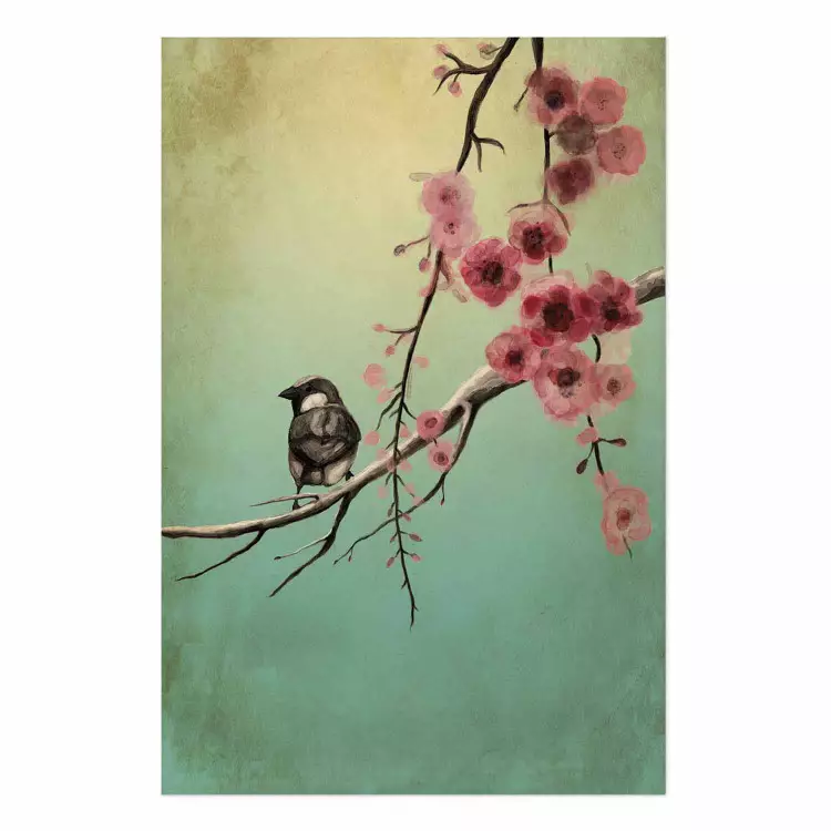 Flores de cerezo - composición colorida con pájaro