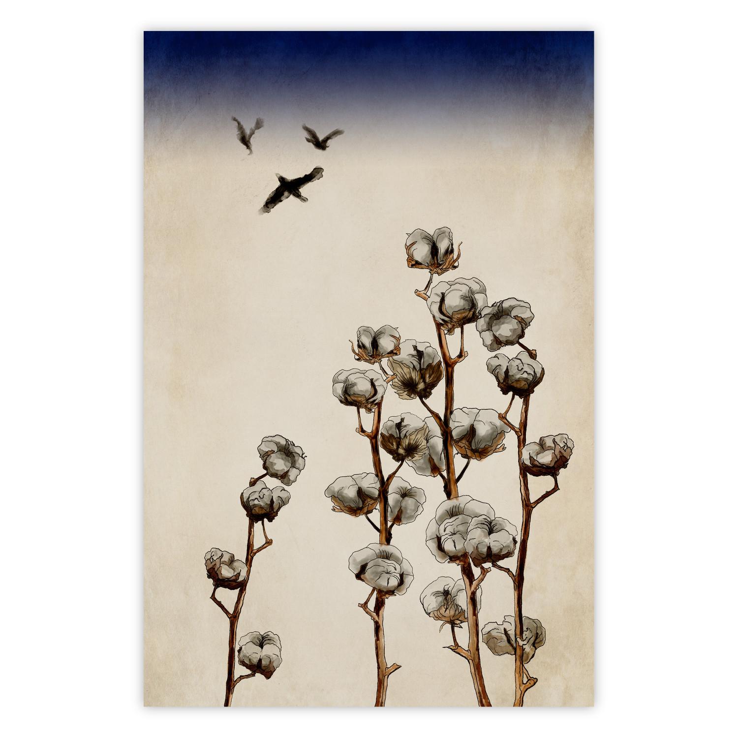 Poster Ramitas de algodón - hermosa composición con plantas y pájaros