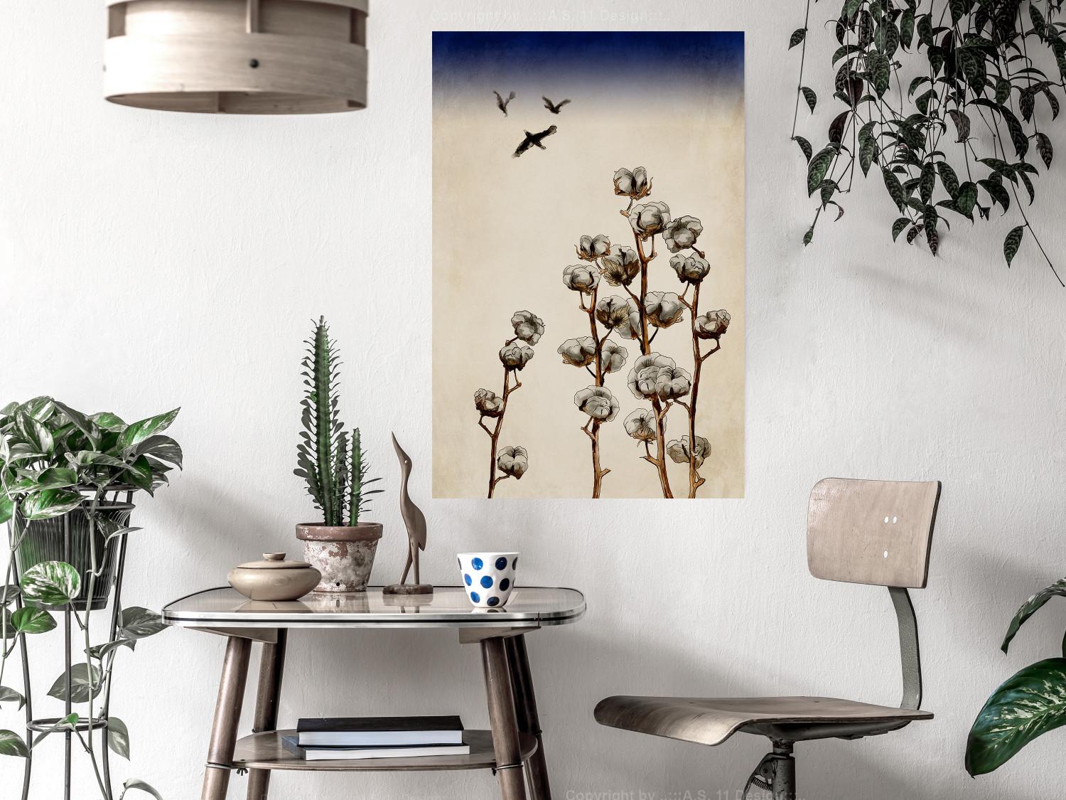 Poster Ramitas de algodón - hermosa composición con plantas y pájaros