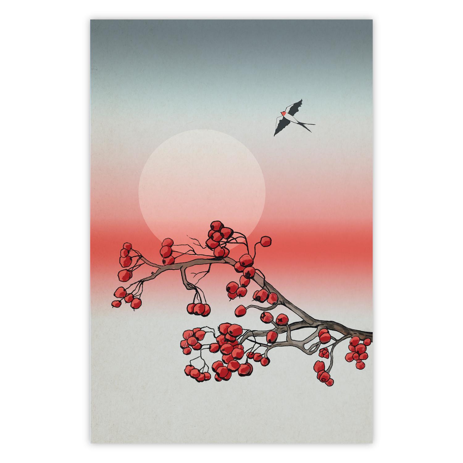 Cartel Rosa invernal - abstracción botánica con planta y pájaro