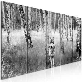Cuadro moderno Depredador solitario (5 piezas) - lobo en bosque blanco y negro