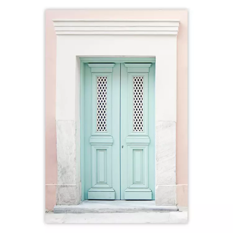 Invitación de menta - puertas turquesas en arquitectura pastel