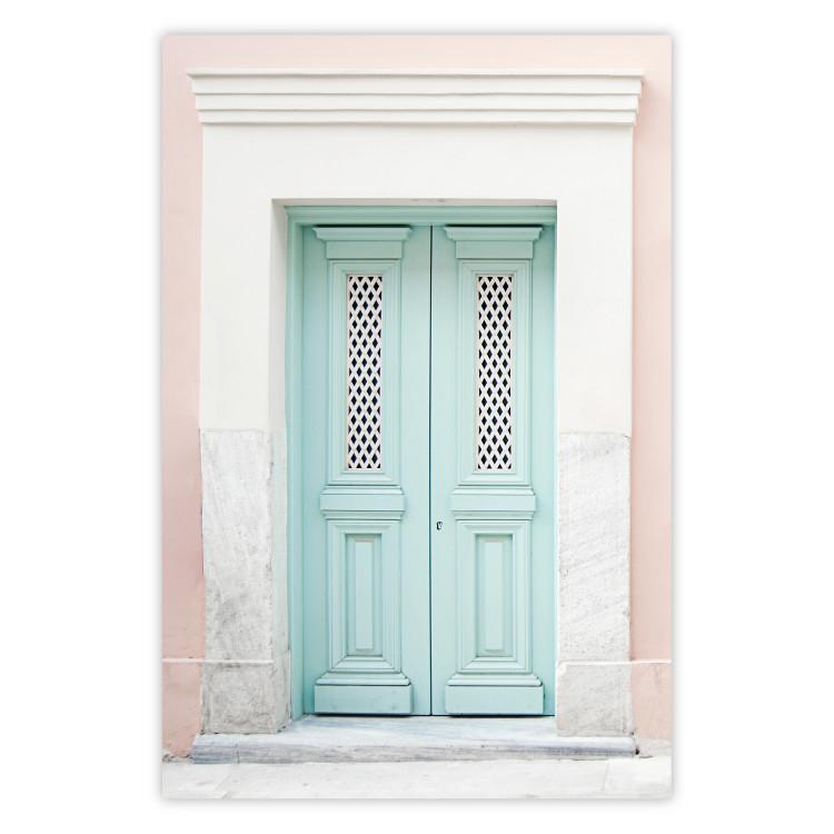 Invitación de menta - puertas turquesas en arquitectura pastel