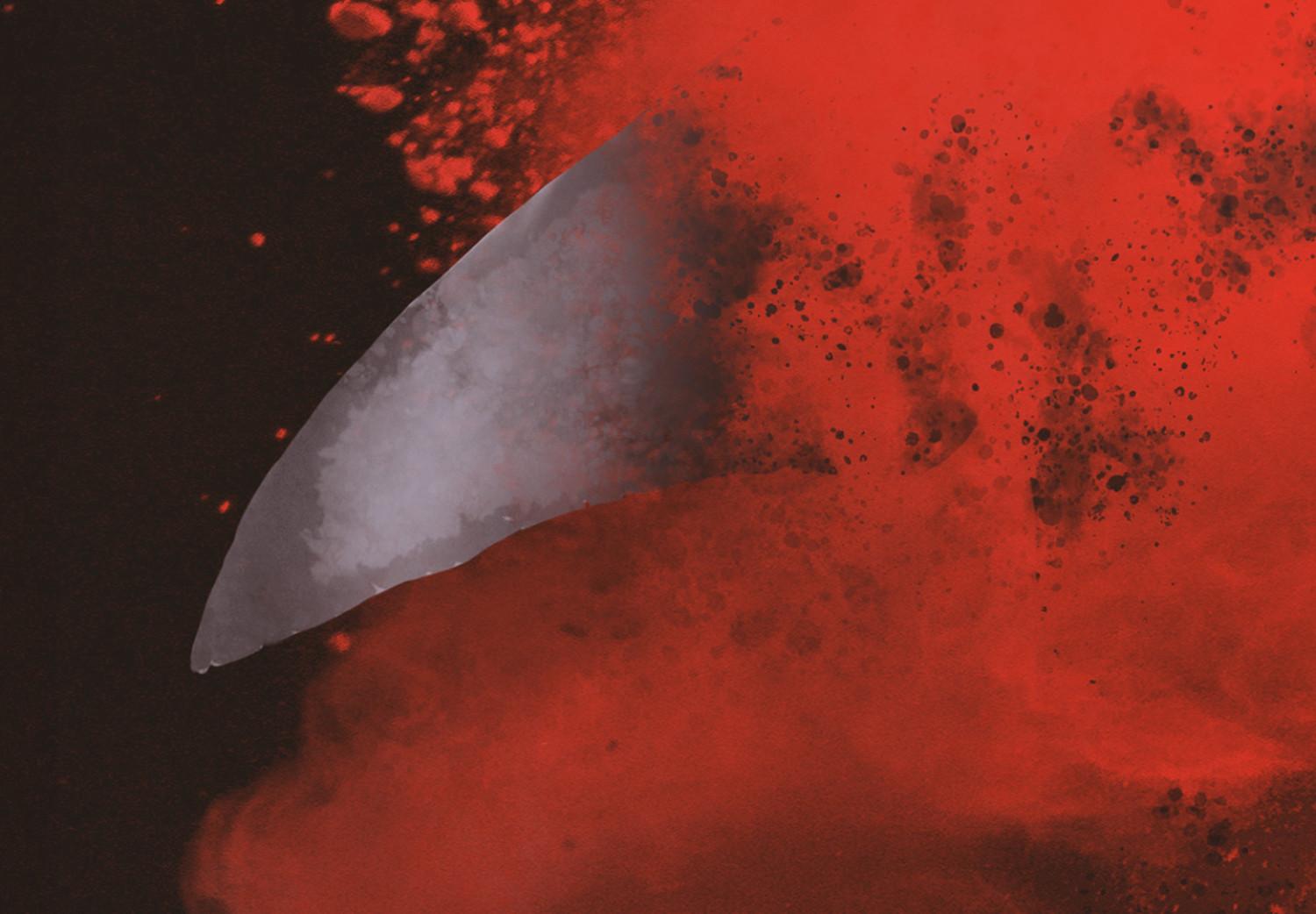 Poster Rey del océano - tiburón abstracto entre el rojo sobre fondo negro