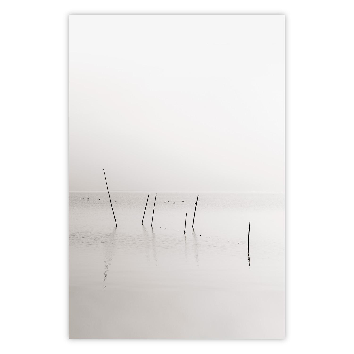 Poster Sendero brumoso - palos sobresaliendo del agua en fondo blanco