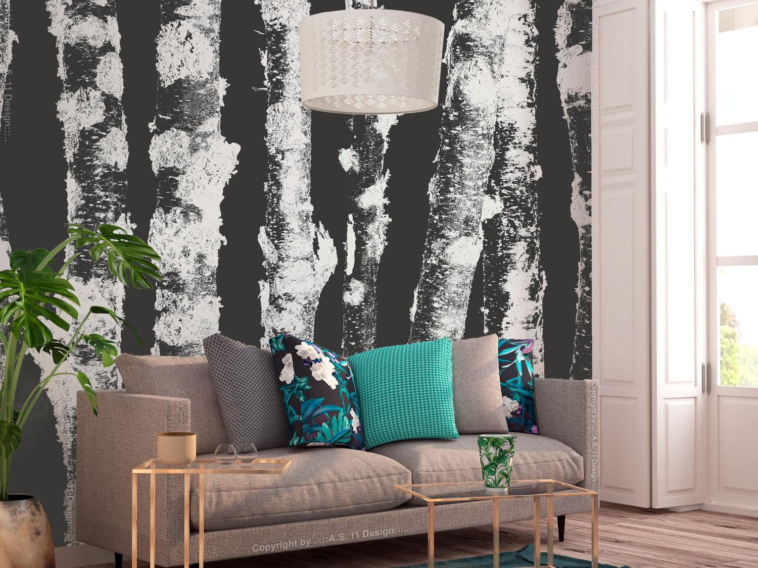 Fotomural decorativo Troncos marrones - paisaje con troncos de árboles blancos, fondo negro