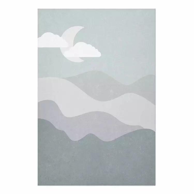 Cartel Noche misteriosa - paisaje montañoso, cielo gris, luna
