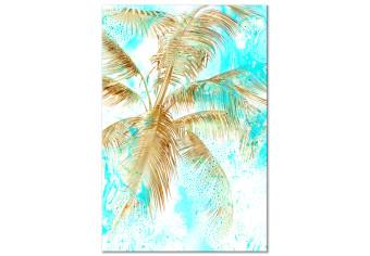 Cuadro Hojas de palmera doradas - paisaje tropical sobre fondo azul