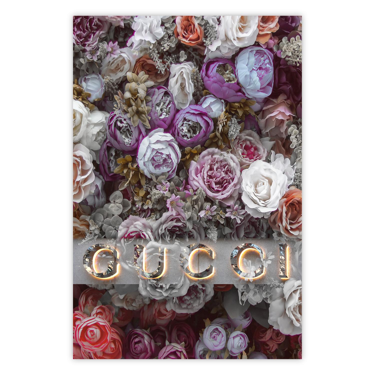 Cartel Rosas de Gucci - flores coloridas, letra de lujo