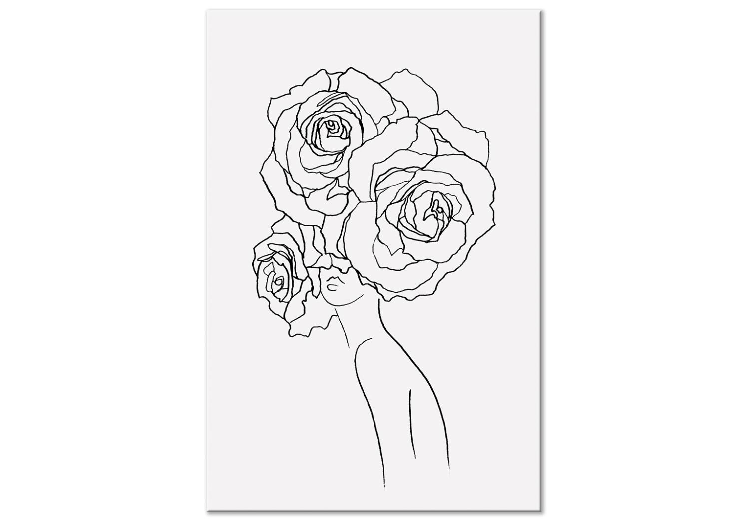 Cuadro moderno Cabeza de rosas - gráfico en blanco y negro con la silueta de mujer