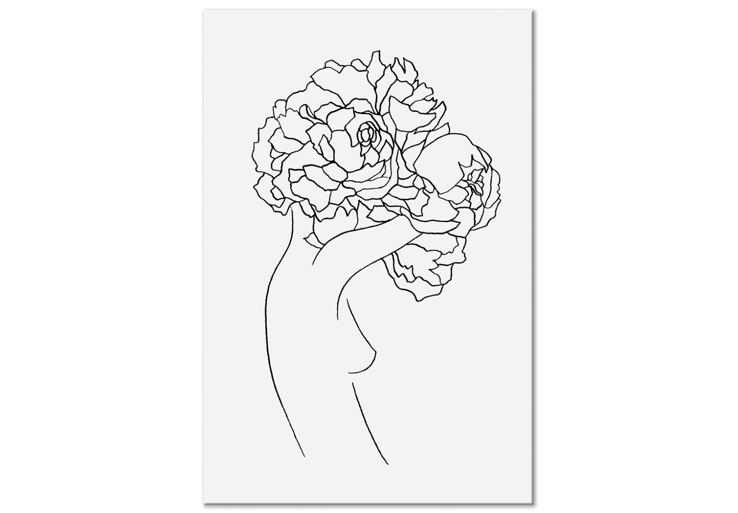 Cuadro moderno Figura con una flor - blanco y negro, silueta lineal de mujer y flores