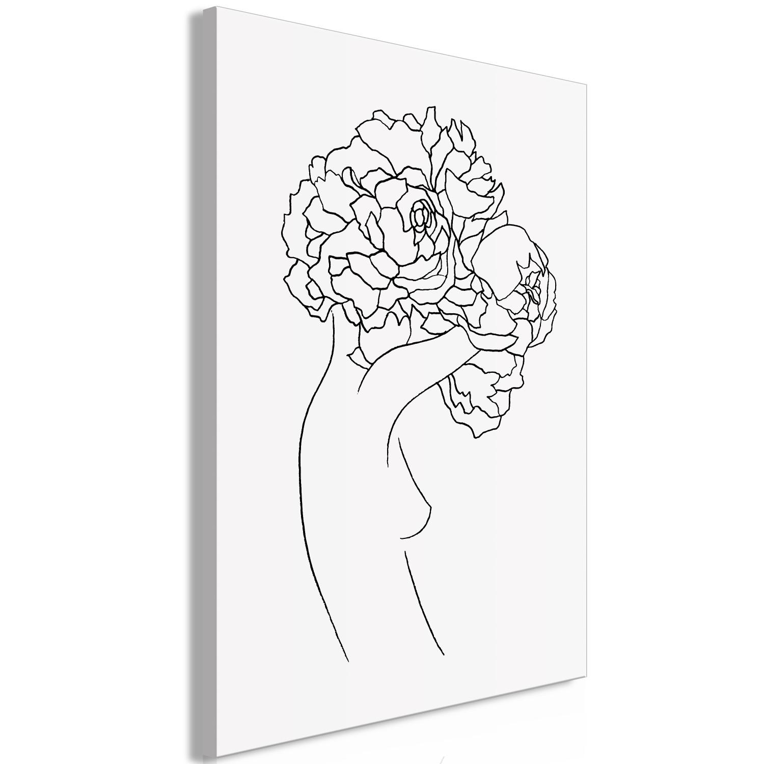 Cuadro moderno Figura con una flor - blanco y negro, silueta lineal de mujer y flores