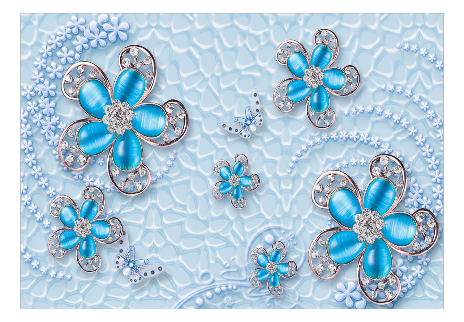 Fotomural Joyas en flores - abstracción con flores y mariposas sobre fondo azul