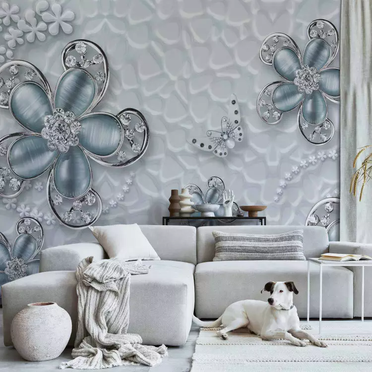Fotomural decorativo Joyas en flores - abstracción con flores y mariposas sobre fondo gris