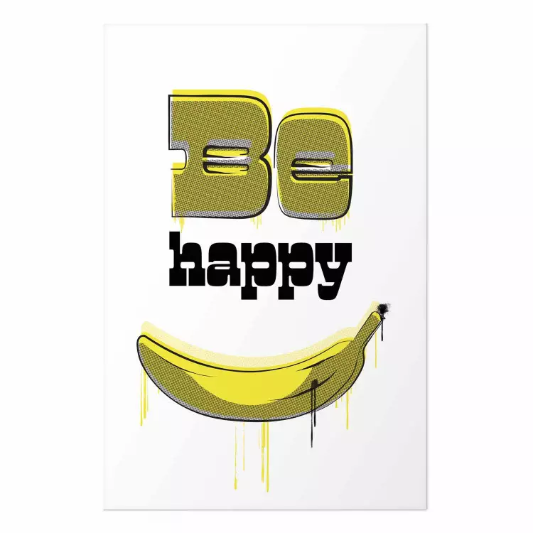 Cartel Happy banana - letra inglesa y fruta amarilla sobre fondo blanco