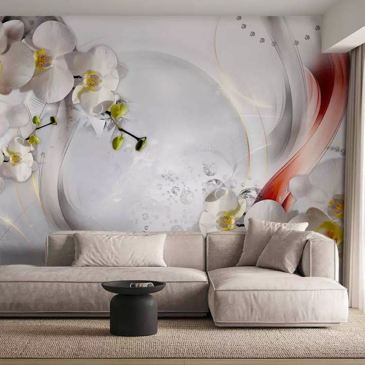 Fotomural decorativo Orquídeas blancas - composición abstracta de flores sobre fondo blanco con ondas