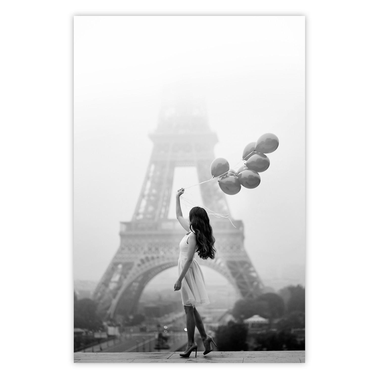 Poster Walk in the wind - mujer con globos en fondo de Torre Eiffel