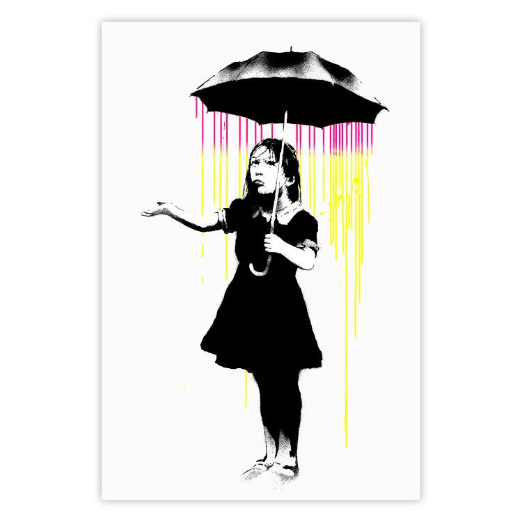Chica con paraguas - chica blanca y negra bajo una lluvia colorida