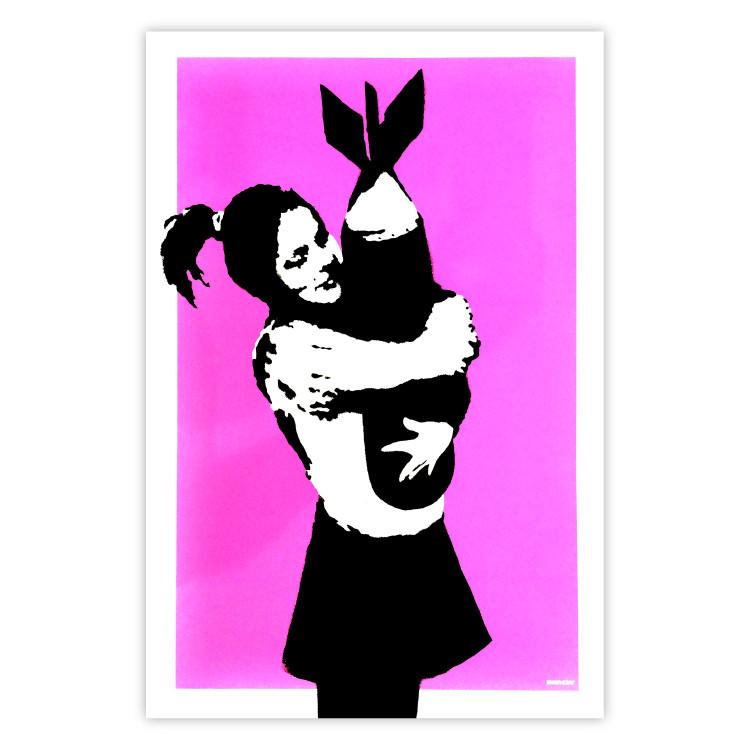 Abrazo bomba - chica con bomba sobre fondo rosa, estilo Banksy