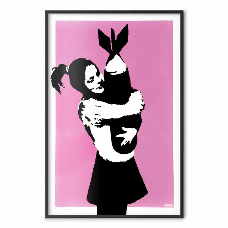 Abrazo bomba - chica con bomba sobre fondo rosa, estilo Banksy