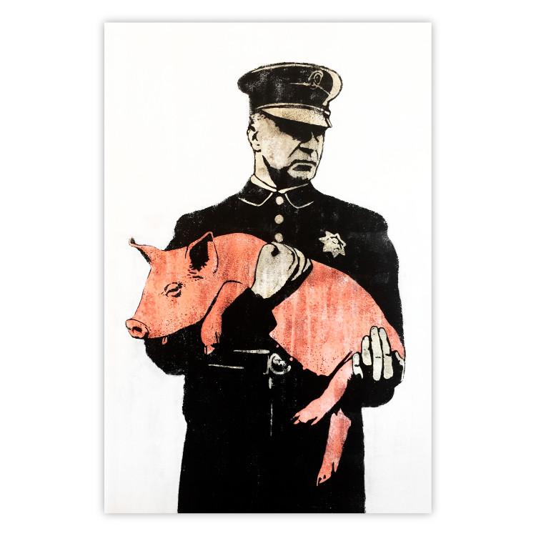 Policía sucio - oficial sostiene cerdo rosado