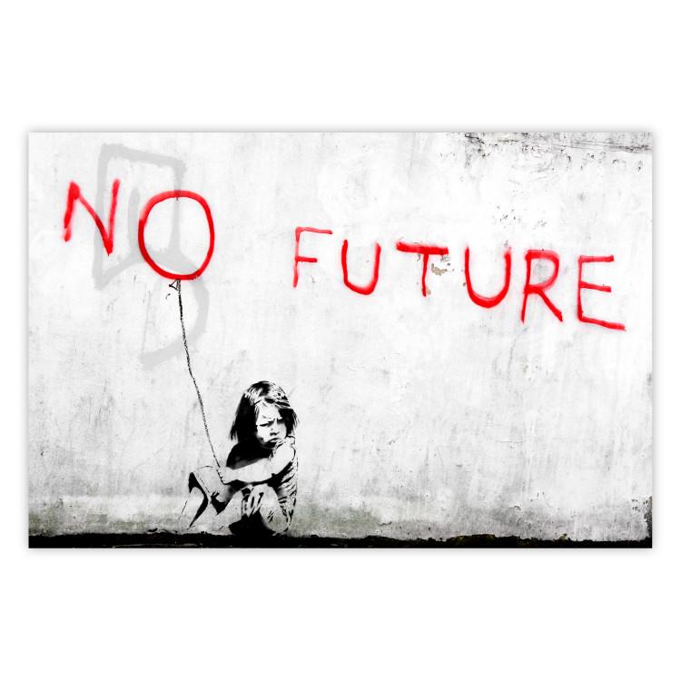Sin futuro - mural de una niña con letras en blanco y negro y rojo
