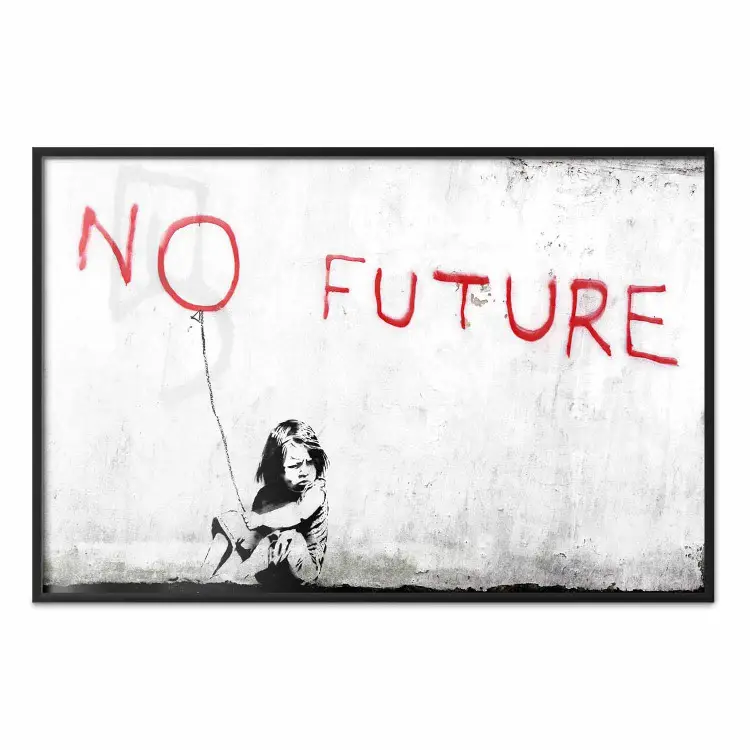 Sin futuro - mural de una niña con letras en blanco y negro y rojo