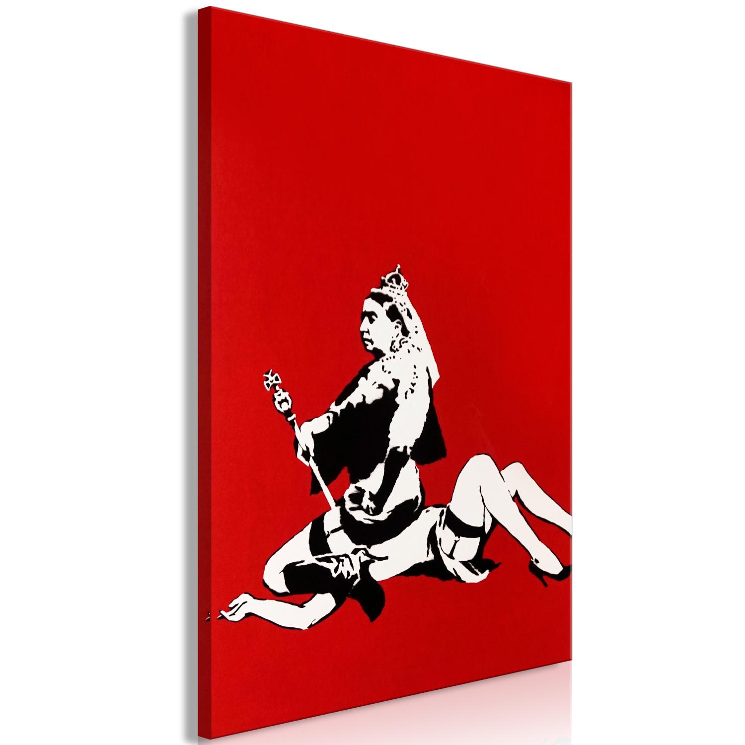 Cuadro decorativo Banksy's Queen - Gráfico de estilo de arte callejero sobre fondo rojo