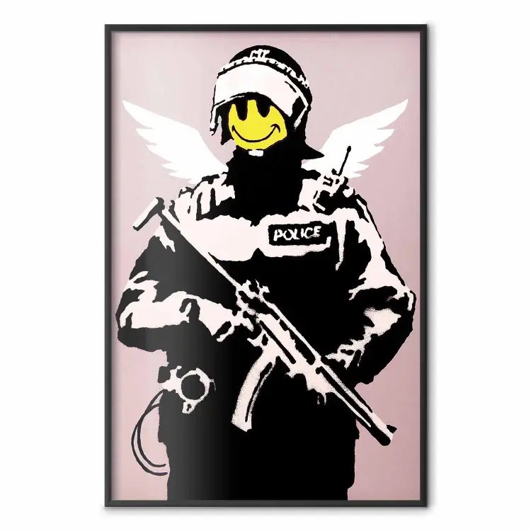 Agente - hombre con cara amarilla y alas, estilo Banksy