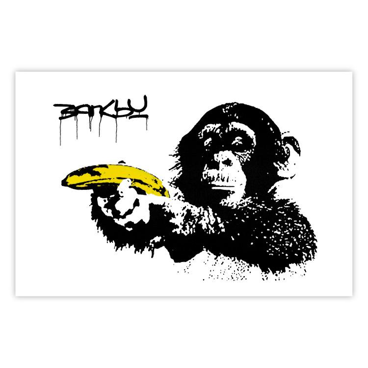 Mono con plátano - animal negro con fruta amarilla sobre fondo blanco