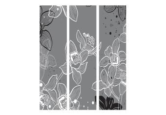 Biombo decorativo Flora de invierno (3 partes) - lirios blanco y negro fondo gris
