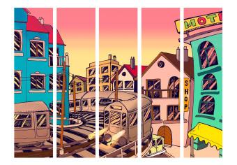 Biombo barato Mañana en la ciudad II (5 partes) - colorido resumen caricaturesco
