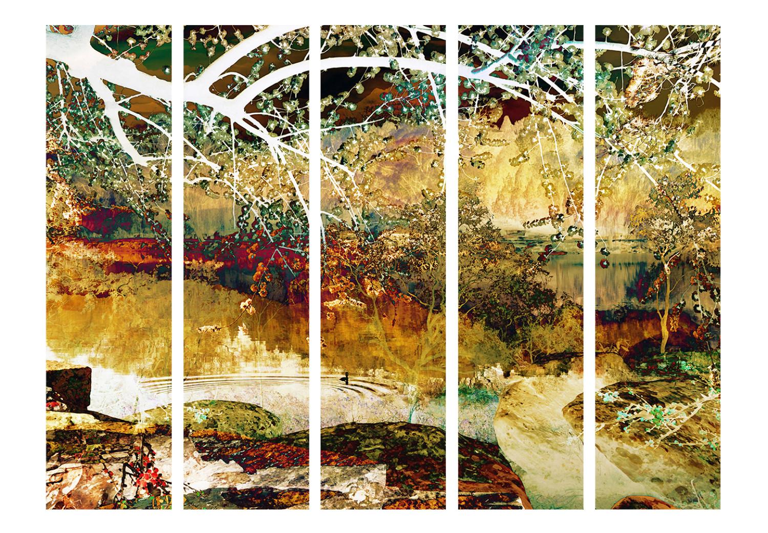 Biombo barato River of Life II (5 partes) - paisaje abstracto con río dorado