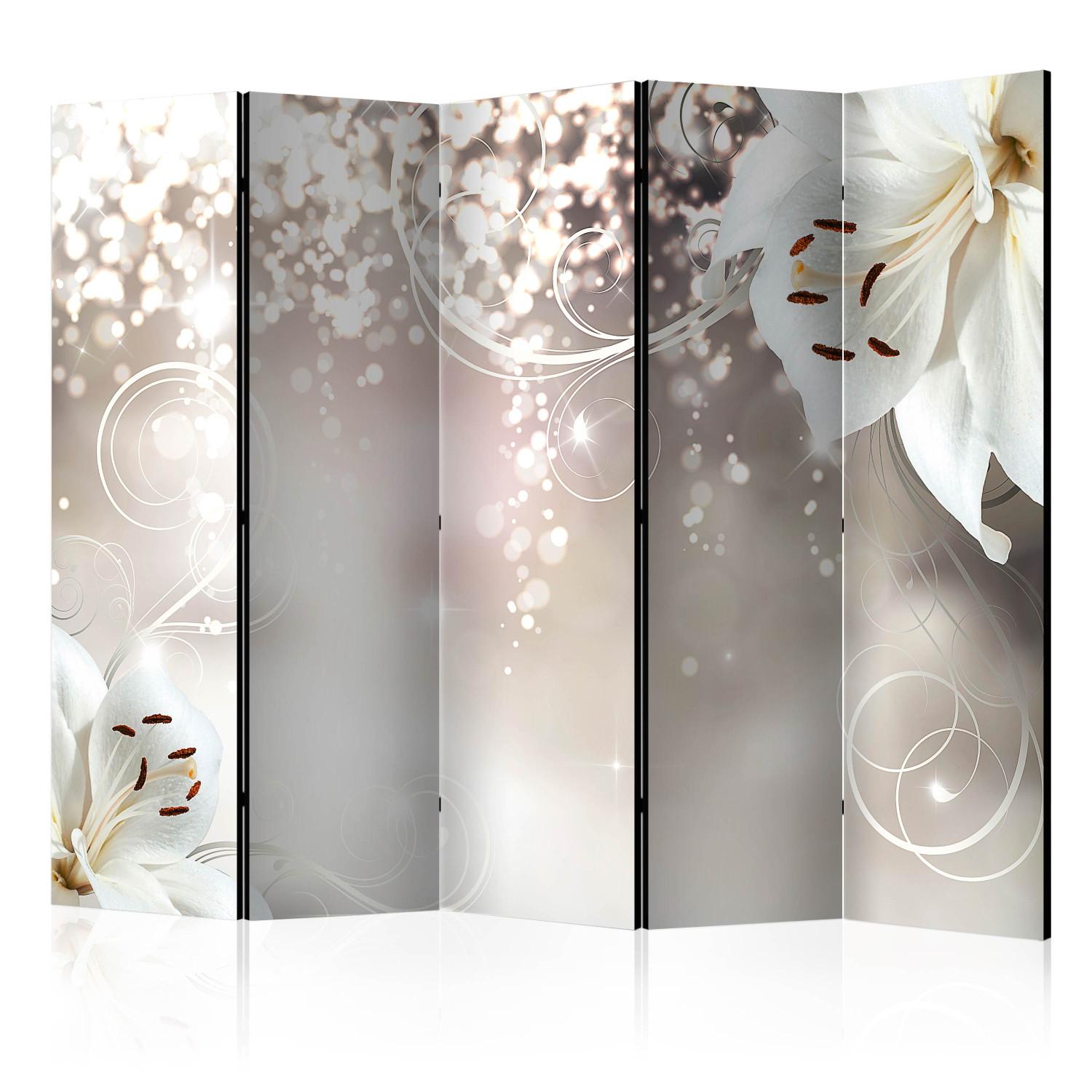 Biombo decorativo Composición encantada II (5 partes) - flores blancas en ilusión 3D