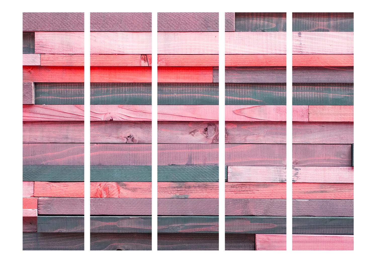 Biombo barato Casa rosada II (5 partes) - listones de madera en tonos rosados