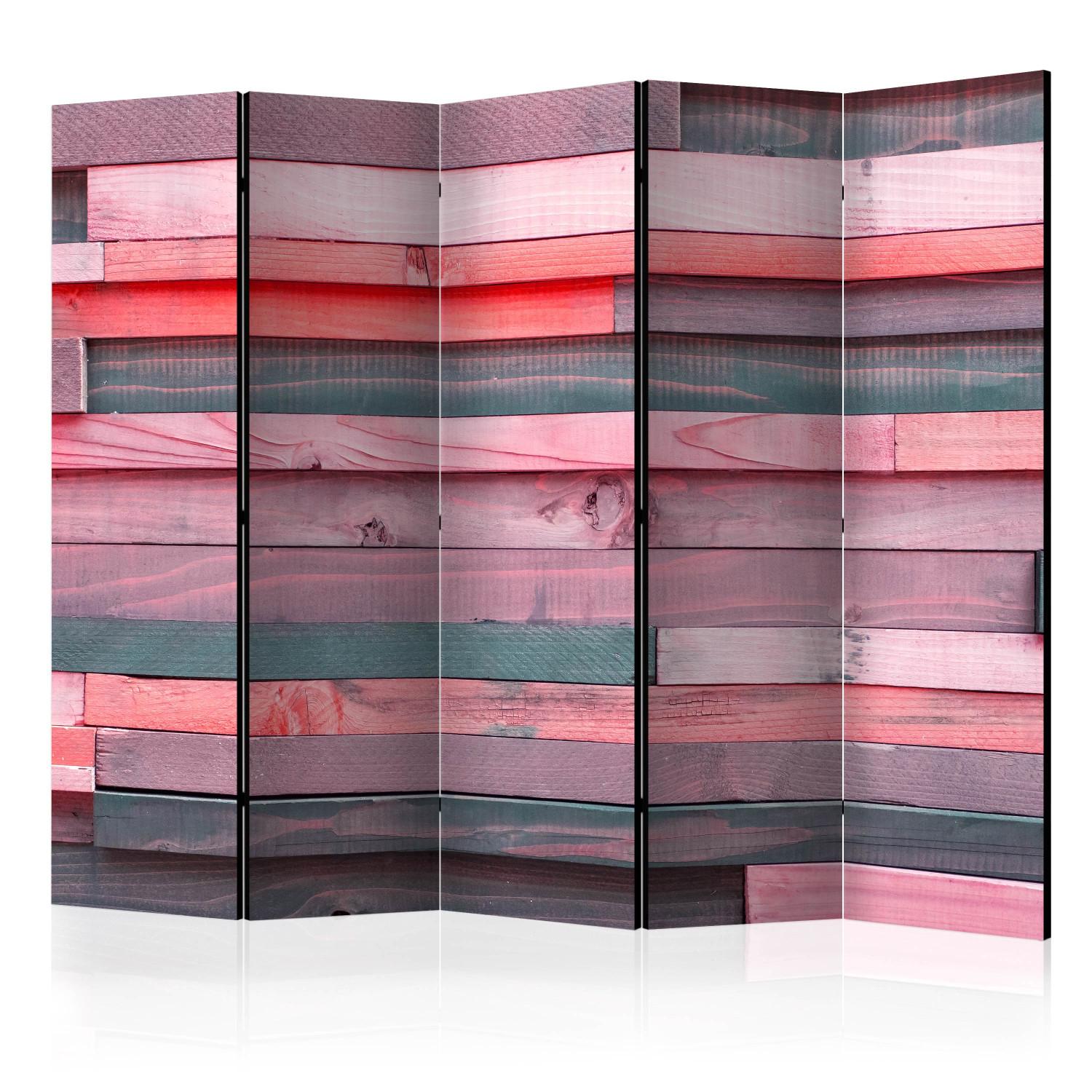 Biombo barato Casa rosada II (5 partes) - listones de madera en tonos rosados