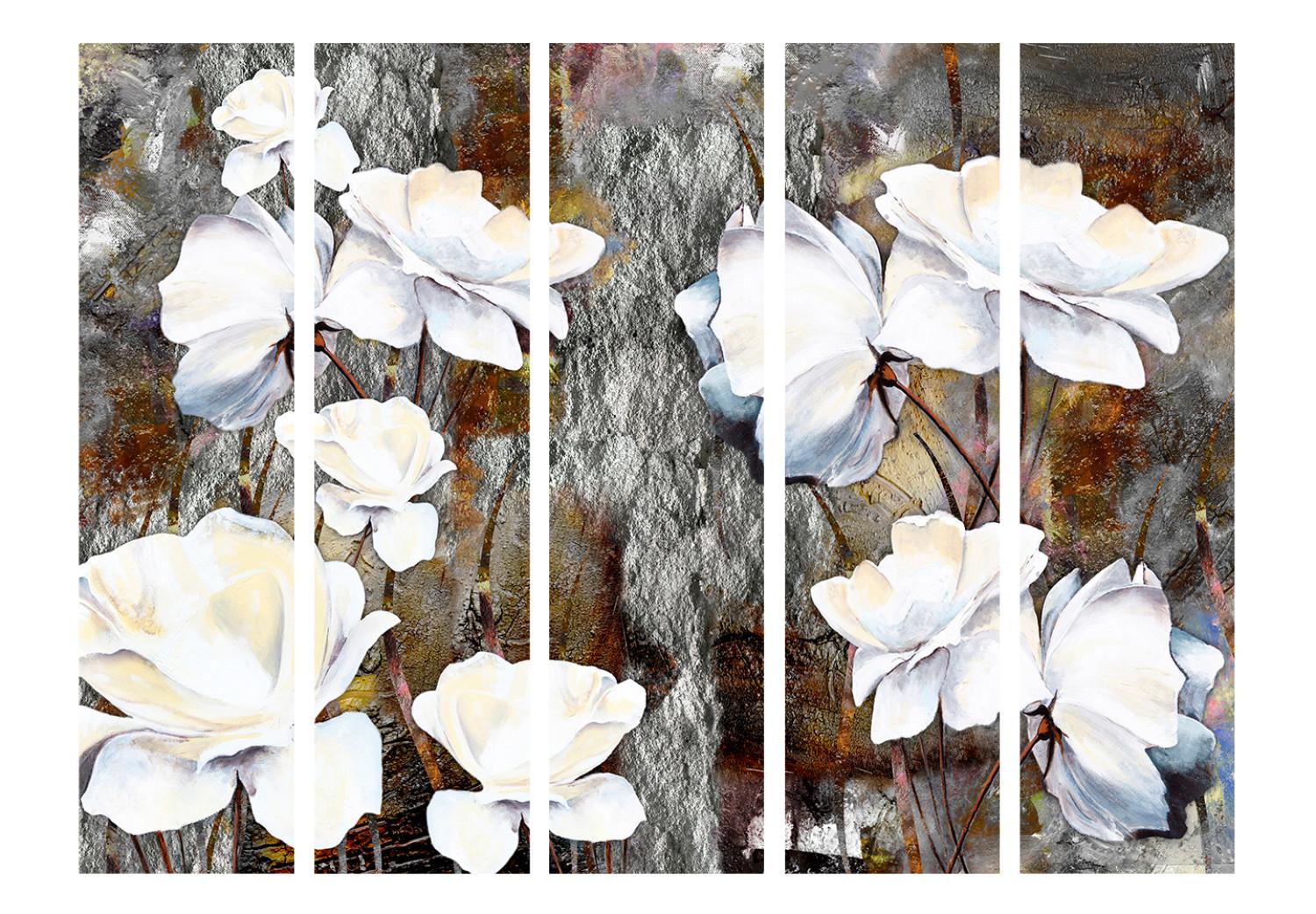 Biombo barato Pequeño gesto II (5 partes) - composición flores blancas fondo oscuro