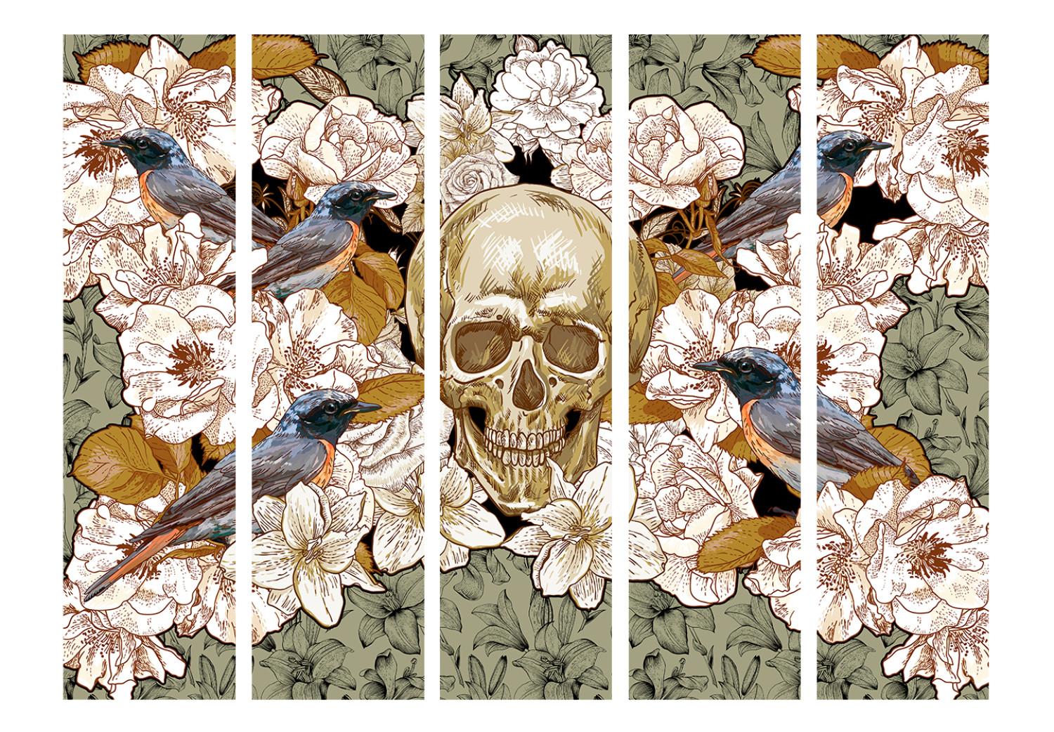 Biombo original Entre las flores II (5 piezas) - composición retro con calavera humana