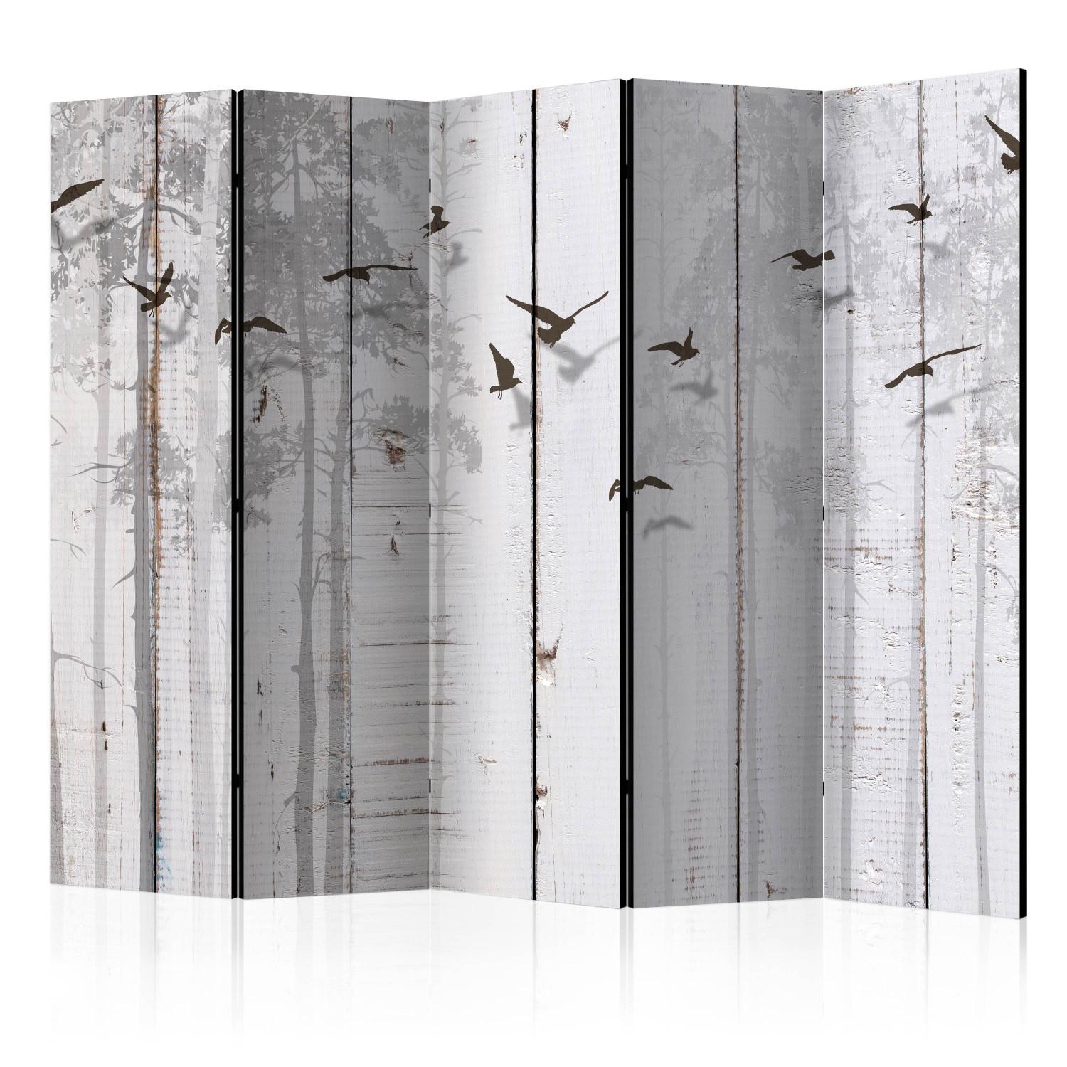 Biombo Birds on the Plates II (5 paneles): animales en madera gris