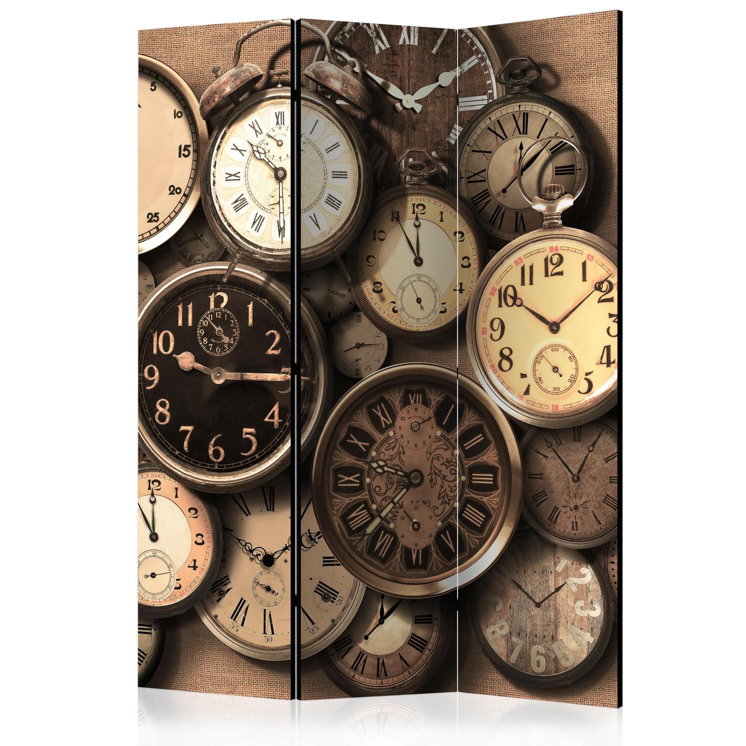 Biombo Relojes antiguos (3 partes): números y manecillas en esferas retro