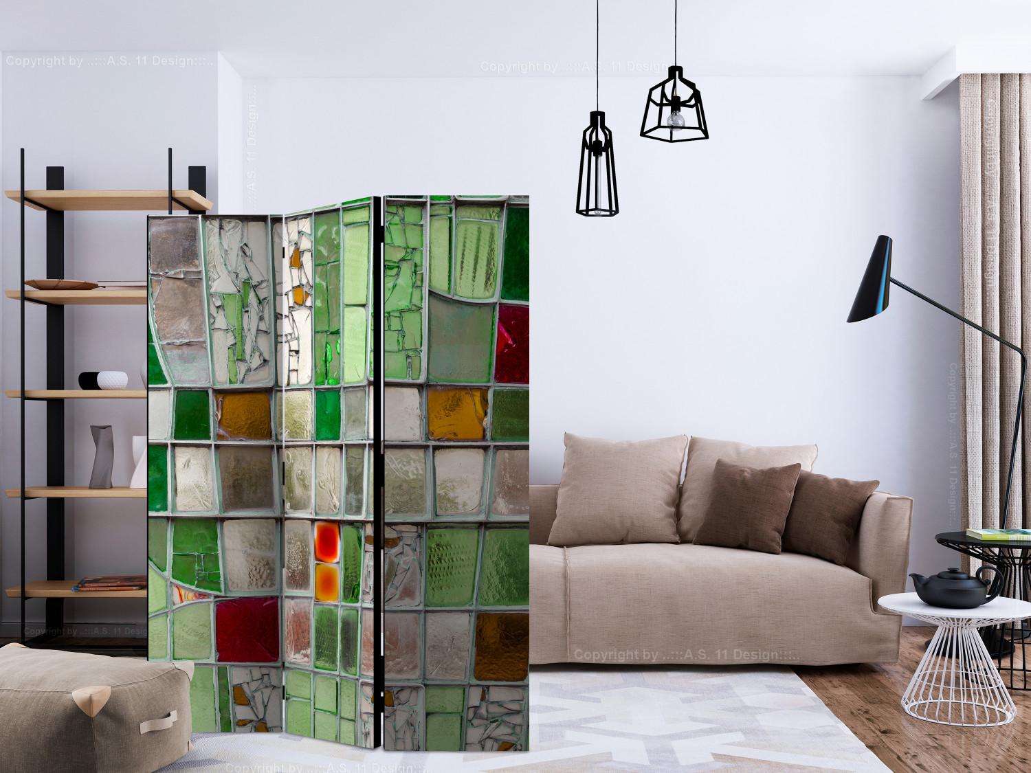 Biombo decorativo Vidriera esmeralda (3 partes) - Mosaico de colores vívidos