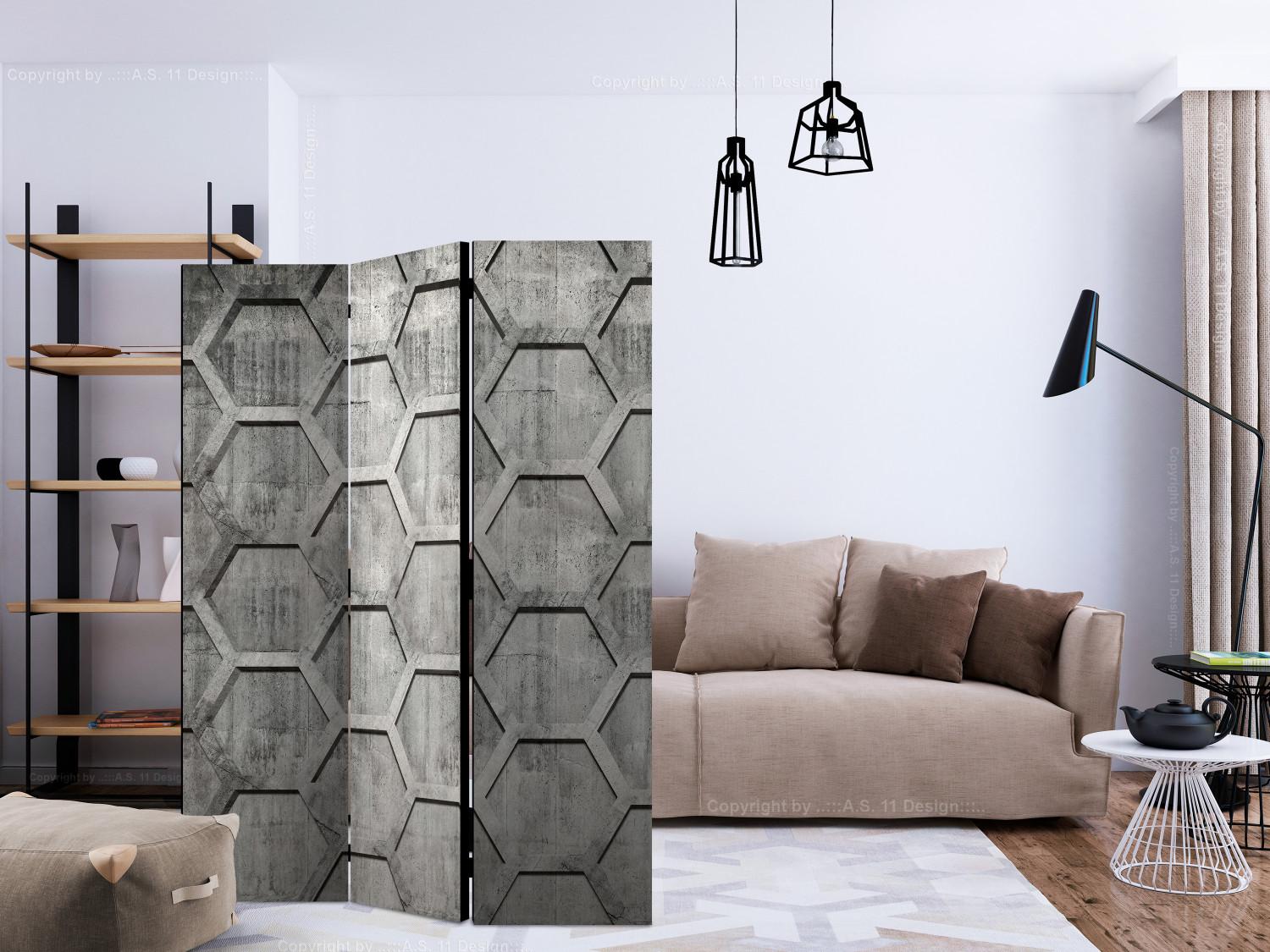 Biombo decorativo Cubos de platino (3 partes): patrón geométrico gris sobre hormigón