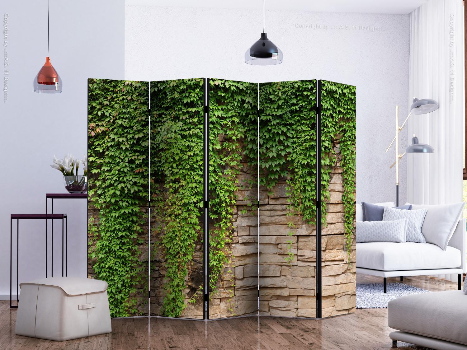 Biombo original Ivy Wall II (5 partes) - ladrillos beige y plantas verdes