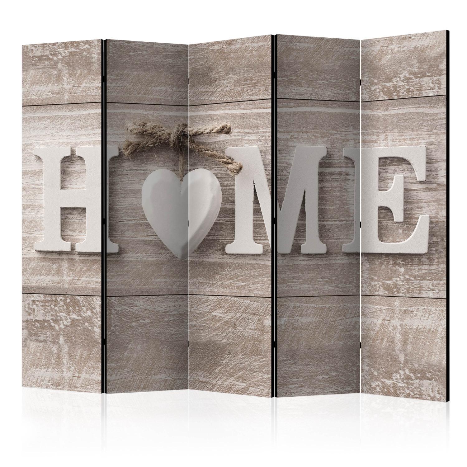 Biombo decorativo Calor del hogar II (5 piezas) - Letras en inglés sobre fondo de madera