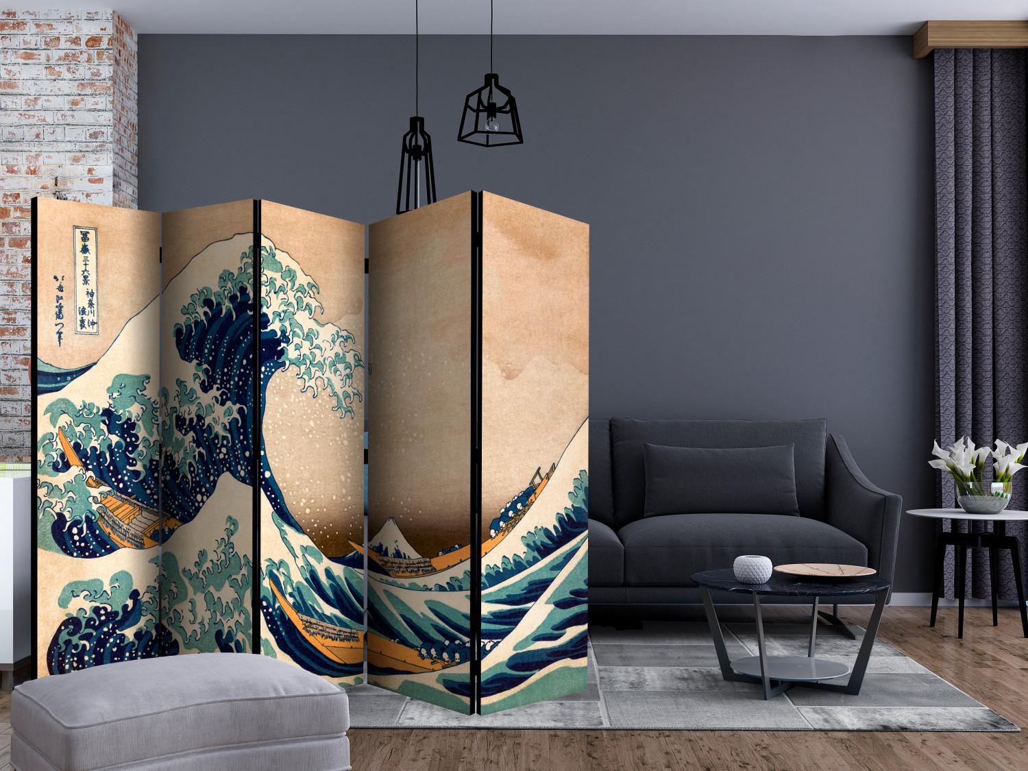 Biombo original Hokusai: Gran Ola en Kanagawa (reproducción) II (5 piezas) - agua